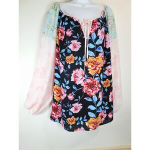 Pioneer Woman Peasant Blouse 3X Floral Roses Long Sleeve Crepe Cottagecore